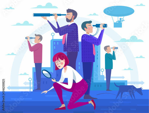 Employee search and hire - cartoon people standing and lookig for a job, recruitment agency, team work. Flat design business people concept.