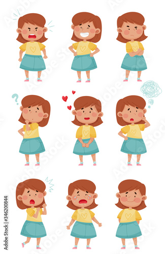 Emoji Girl with Different Face Expressions Like Puzzled and Unhappy Face Vector Set