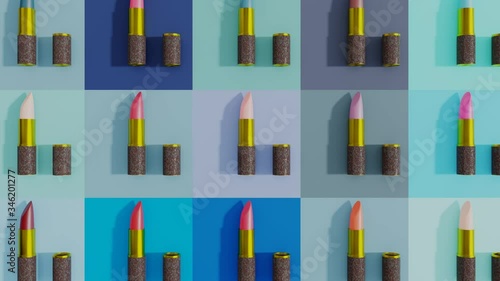 lipsticks of different colors on colored squares background. opens and closes endlessly.