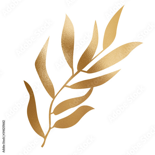 Gold clip art leave on the white isolated background. Invitation decor nature object.
