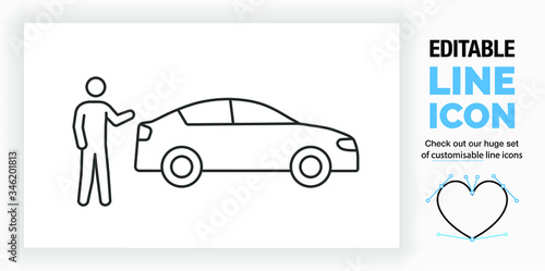 Editable line icon of a car salesman of driver showing his car, part of a huge set of editable linear stick figures! 