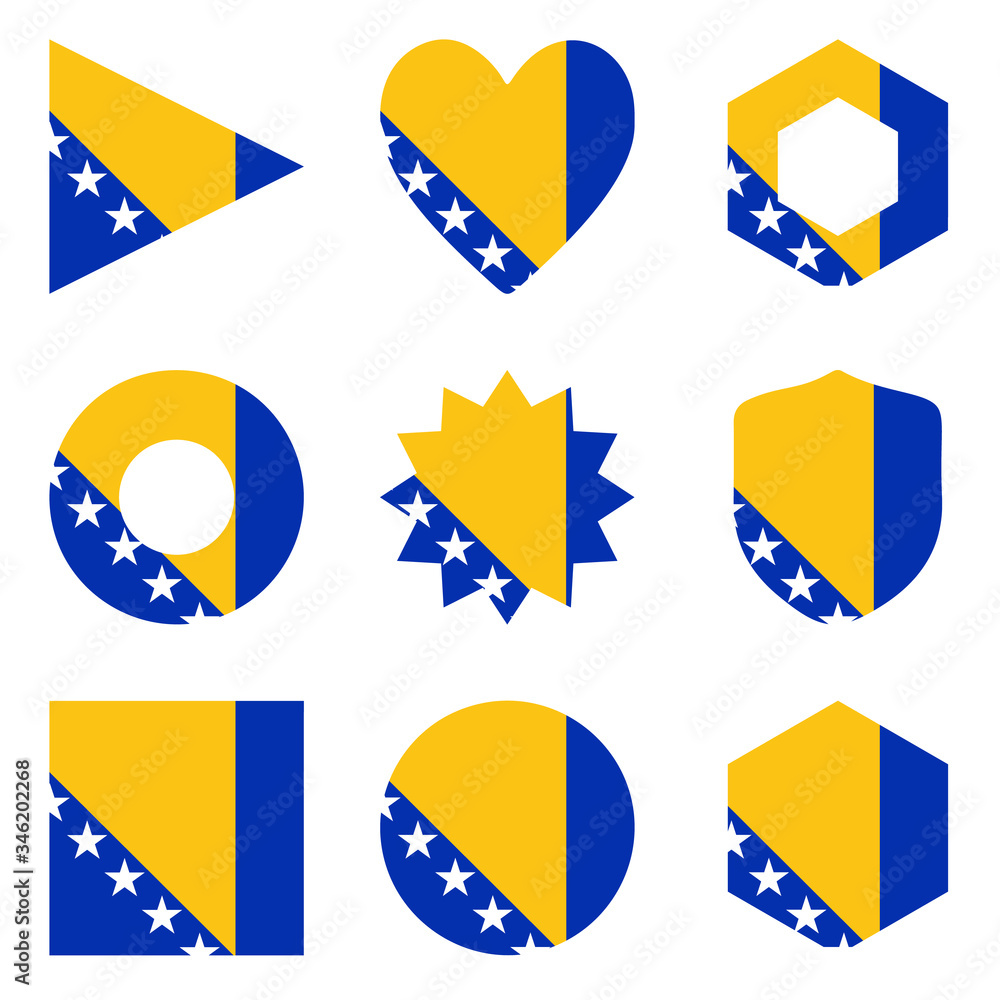 Set of nine form Bosnia and Herzegovina. Vector icons. National flag of Bosnia and Herzegovina Set of nine form Bosnia and Herzegovina. Vector icons. National flag of Bosnia and Herzegovina