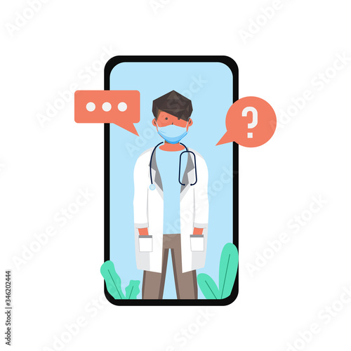 Flat illustration male doctor on screen smart phone for online video consultation