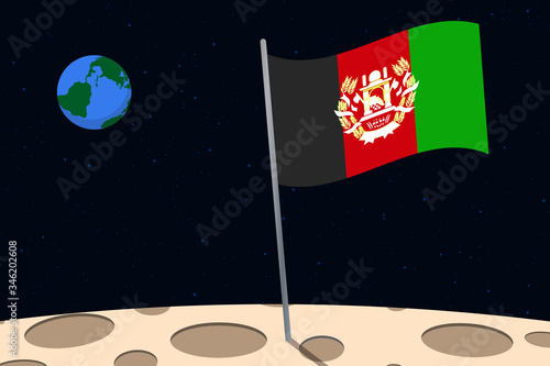 View of planet Earth from the surface of the Moon with the Afghanistan flag and holes on the ground