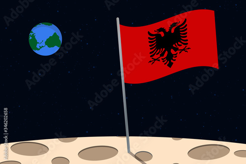 View of planet Earth from the surface of the Moon with the Albania flag and holes on the ground