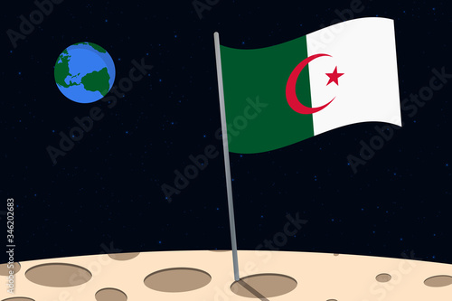 View of planet Earth from the surface of the Moon with the Algeria flag and holes on the ground