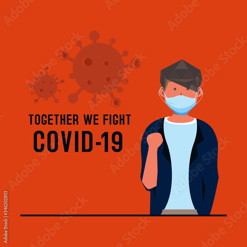 Flat illustration male say together we fight corona virus vector design