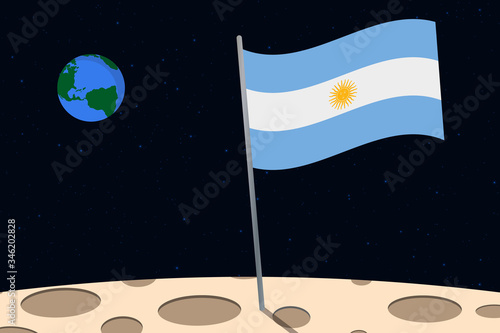 View of planet Earth from the surface of the Moon with the Argentina flag and holes on the ground