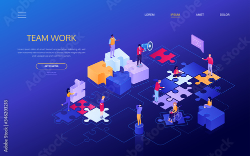 Team work - colorful isometric vector web banner
