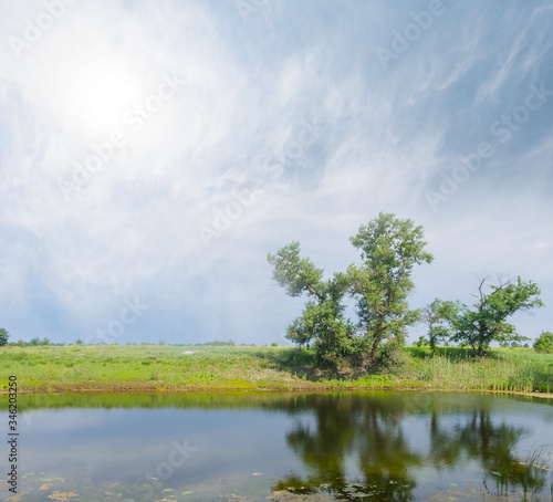 small lake among a green fields at sunny day, summer countryside scene