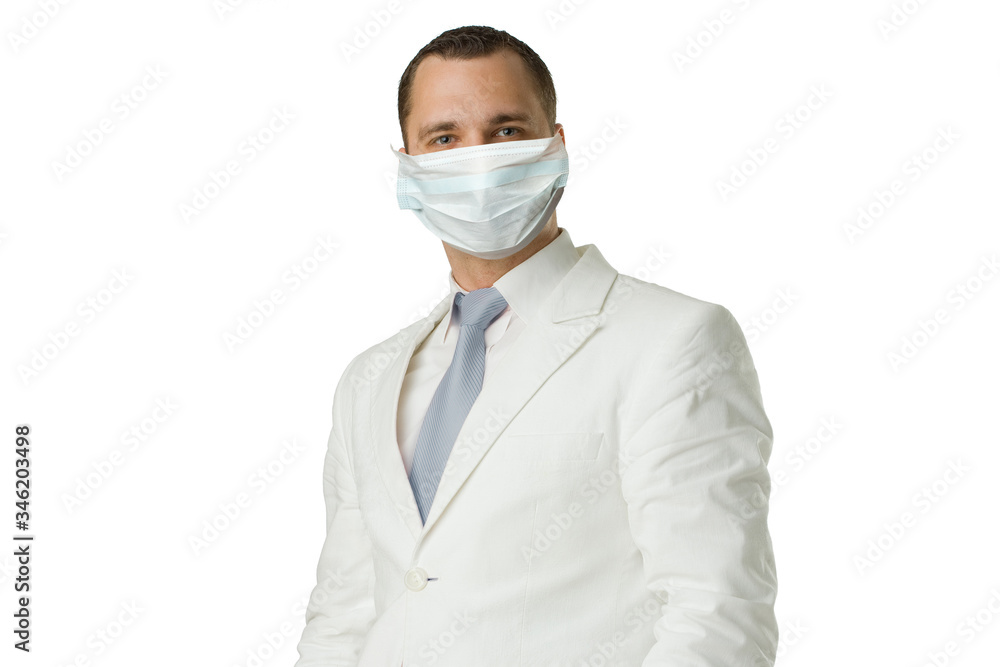 Man in protective mask and white suit isolated on white Man in protective mask and white suit isolated on white