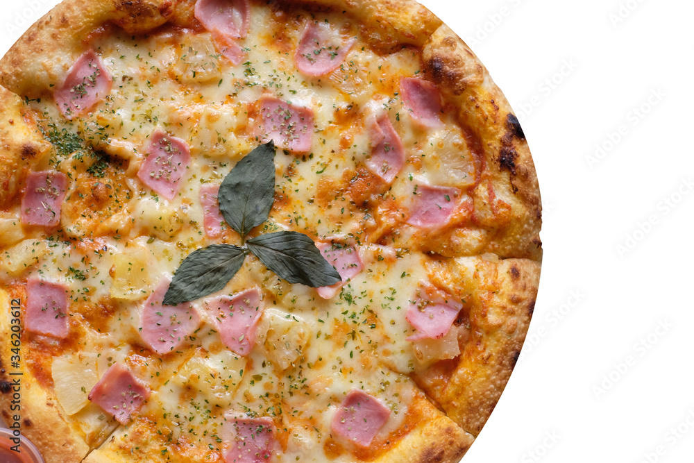 top view of hawaii pizza on white background top view of hawaii pizza on white background