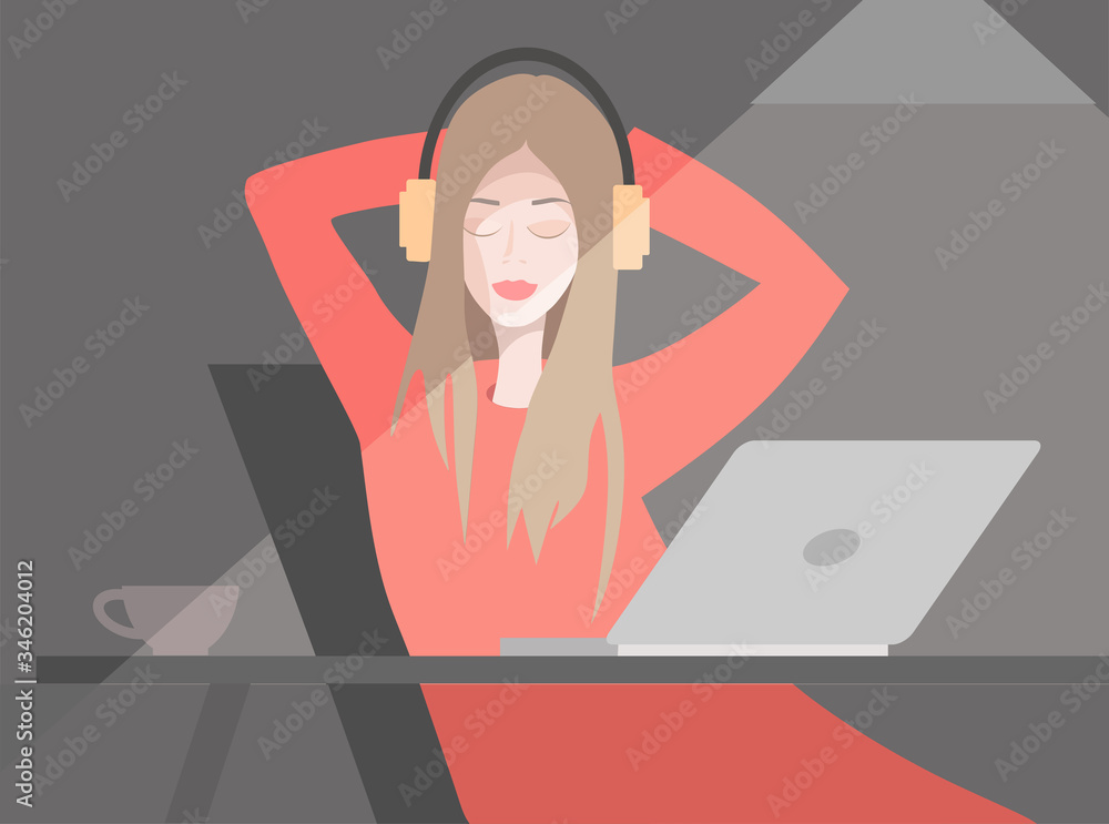 Young girl in headphones listening to music. Vector illustration.