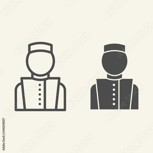 Concierge line and solid icon. Hotel porter symbol, outline style pictogram on beige background. Bellboy in uniform sign for mobile concept and web design. Vector graphics.