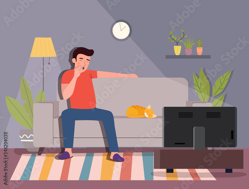 Man on the sofa yawning and and watching tv.  Vector flat style illustration.