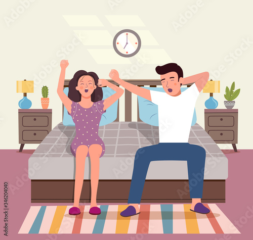Young woman and man on the bed yawning and stretching.  Vector flat style illustration.