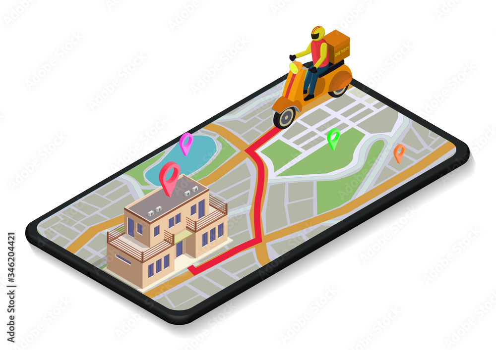 Isometric map on mobile with delivery motorcycle ride to destination homes