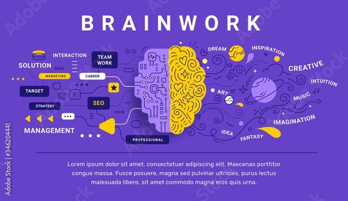 Vector creative illustration of decorative human brain with icon