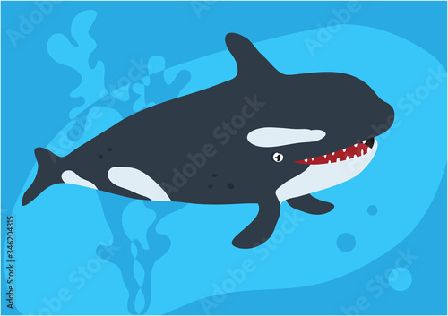 Vector image of fish killer whale on blue background with silhouette of waves and algae. Gift card for collecting for children.