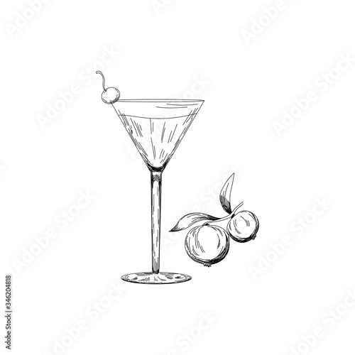 Illustration of alcohol cocktail cosmopolitan. Glass with summer cocktail and cranberry berrie white on background. Hand drawn sketch for menu, invitation, banner, website.