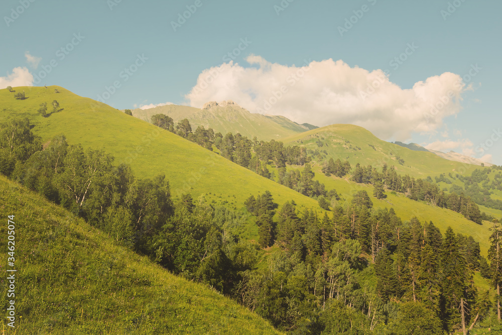 Fototapeta premium green mountain ridge under a cloudy sky, green hill slope outdoor scene