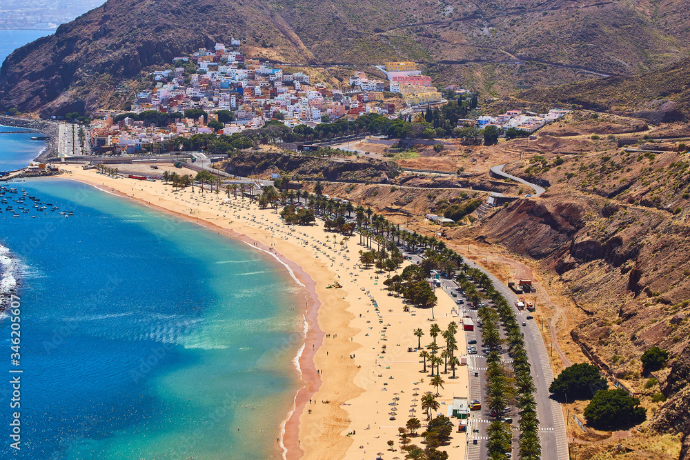 Panoramic view of famous beach Playa de las Teresitas near Santa Cruz de Tenerife from Mirador,Tenerife, Canary Islands, Spain