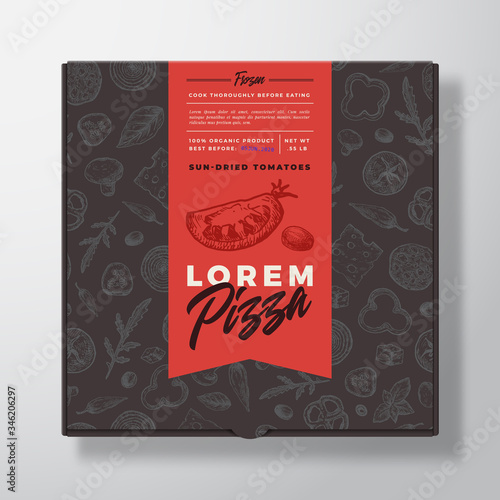 Sun Dried Tomato Frozen Pizza Realistic Cardboard Box. Abstract Vector Packaging Design or Label. Modern Typography, Sketch Seamless Food Pattern. Black Paper Background Layout.