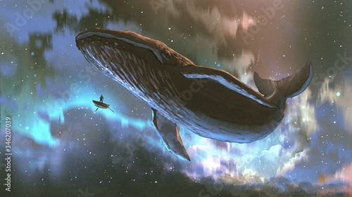outer space journey concept showing a man looking at the giant whale flying in the beautiful sky, digital art style, illustration painting