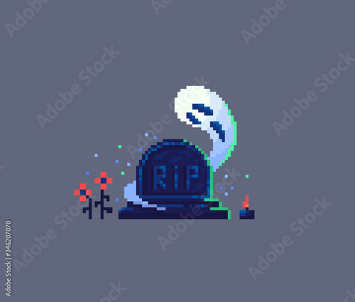 Pixel art tombstone and ghost.