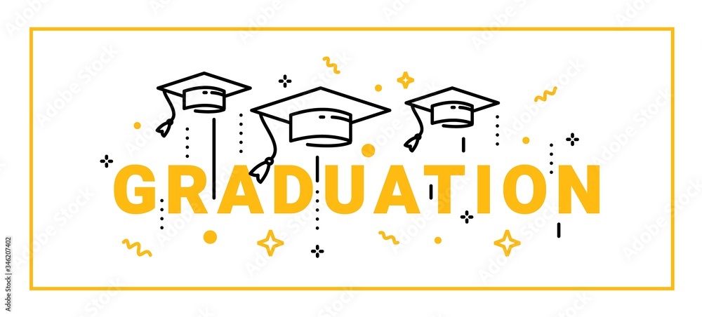 Vector illustration of yellow word graduation with graduate cap