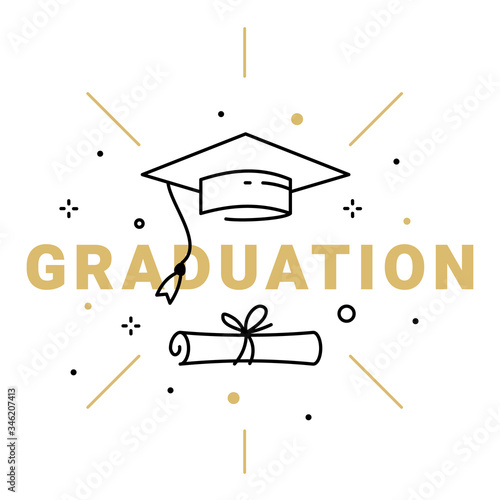 Vector illustration of golden word graduation with graduate cap and diploma on white background. Congratulation graduate class of graduation.