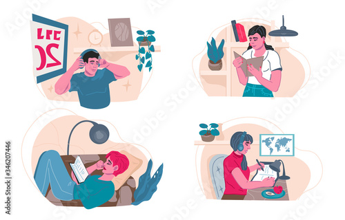 Set of people home daily life and everyday routine scenes. Man and woman on weekend at home enjoying domestic leisures - reading, learning and listening to music. Flat vector illustration isolated.