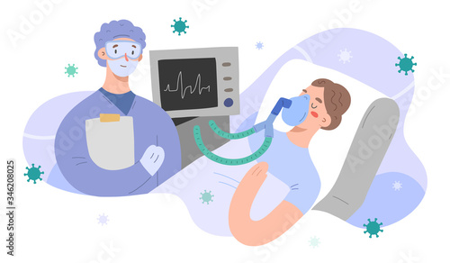 Patient on alv with doctor, vector characters, woman on artificial lung ventilation in intensive care unit, infected by covid infection in hospital, intubated in hospital