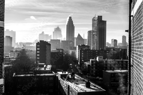 The City.
Black and white picture of one of the business district of  Liverpool Street, London, UK in the early morning in winter.