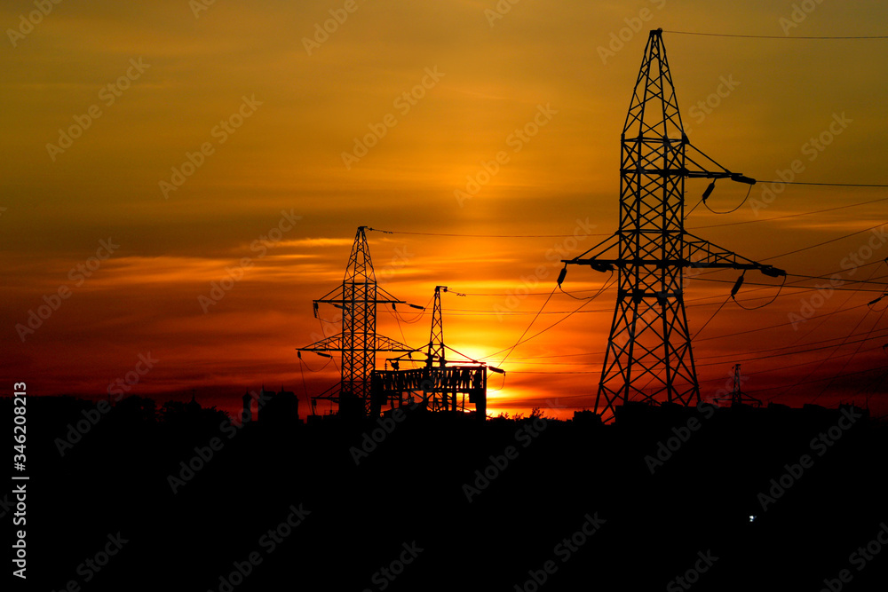 sunset in the city, electric network, sunset, solntse,