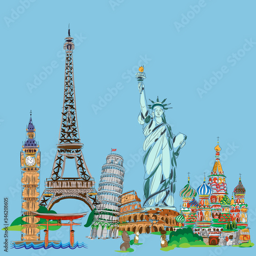 Landmarks: Eiffel tower, leaning Tower of Pisa, Easter island, Torii, Big Ben, Coliseum, Kremlin, The Statue of Liberty. Design of vector illustrations.
