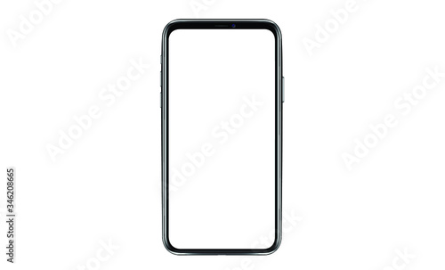 Smartphone mockup. New black frameless smartphone mockup with white screen. Isolated on white background. Based on high-quality studio shot. Smartphone frameless design concept.