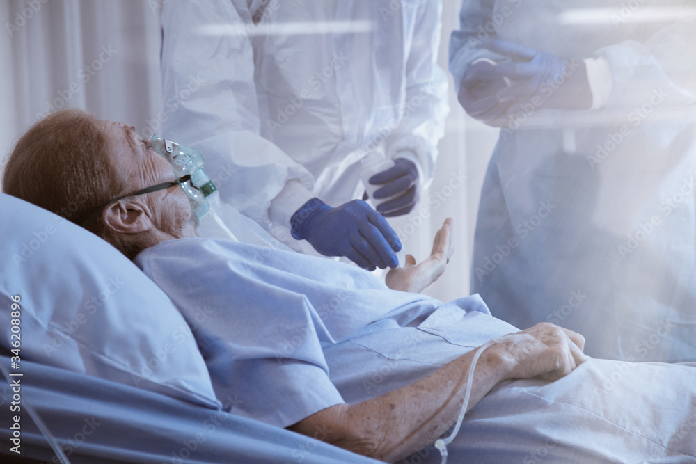 Hopeless mood on Infected patient during lying on bed at quarantine room area in hospital. Case from coronavirus covid 19 disease. Covid19 or corona virus is world global social issue concept.