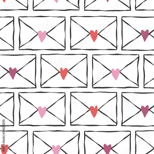 Vector seamless pattern with love letters. Hand drawn illustration of envelopes and hearts. Cute design great for Valentine's Day card or scrapbook.