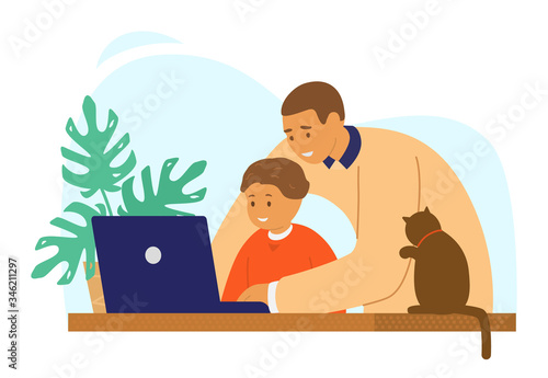 Homeschool or online education. Dad or tutor with child and cat sitting in front of laptop learning. Flat vector illustration.