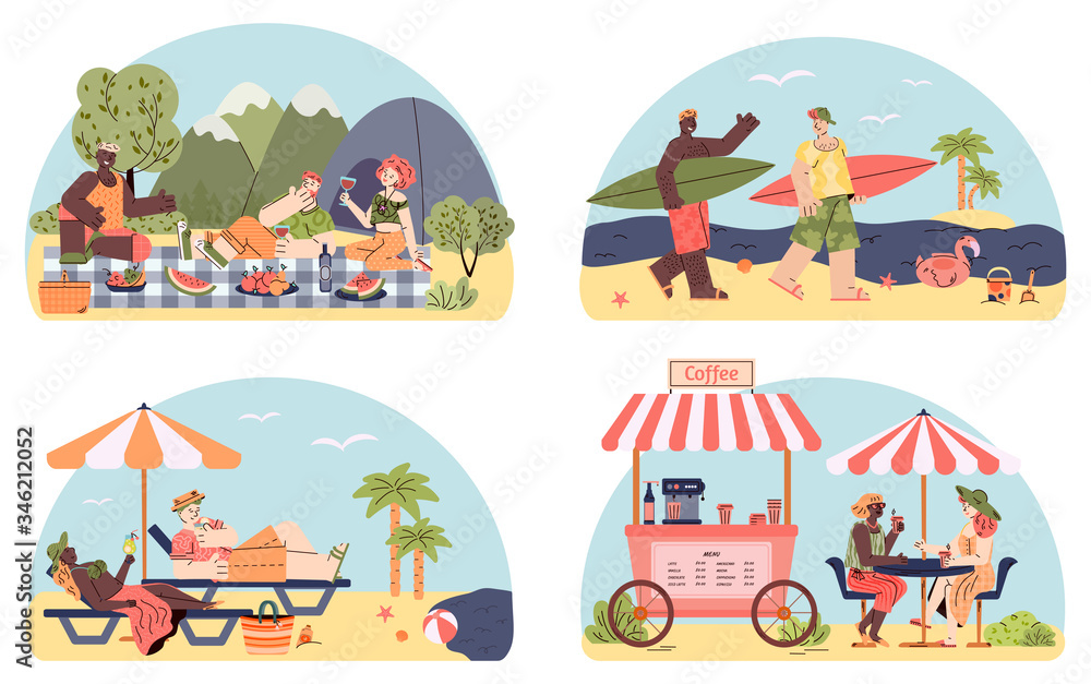 Cartoon friends on vacation. Set of people on fun activities together Cartoon friends on vacation. Set of people on fun activities together