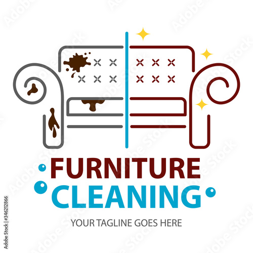 Furniture dry cleaning before and after logo flat concept. Sofa professional washing, laundry service. Furnishing delicate cleaning, stain removing equipment.