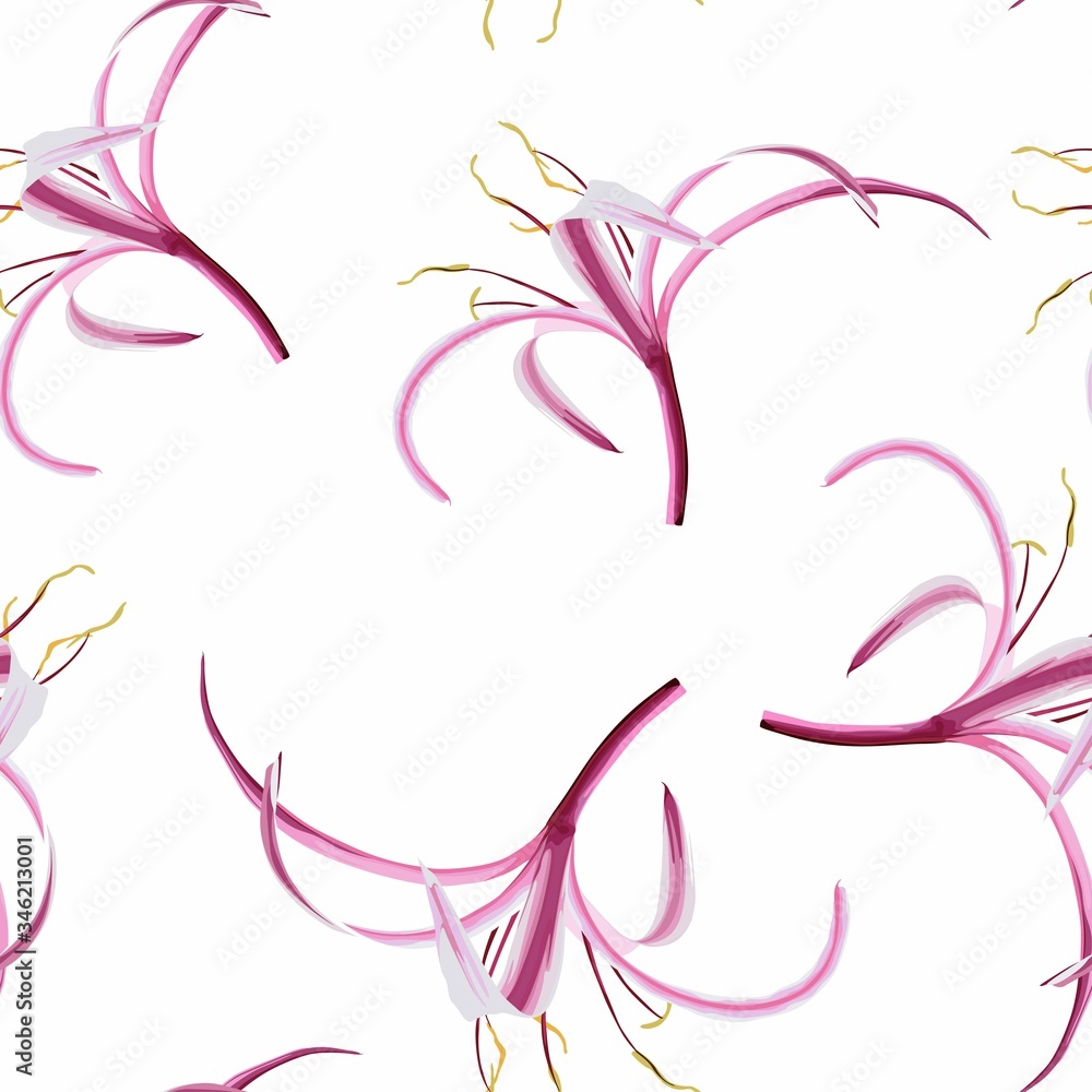 Seamless pattern with lily flower on a white textured background. Print for fabric, textiles, wallpaper, greeting cards, wrapping paper, gift box. Seamless pattern with lily flower on a white textured background. Print for fabric, textiles, wallpaper, greeting cards, wrapping paper, gift box.