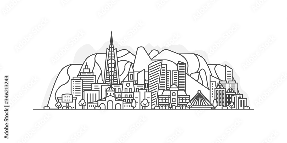 Andorra la Vella City, Andorra architecture line skyline illustration. Linear vector cityscape with famous landmarks, city sights, design icons, with editable strokes isolated on white background.