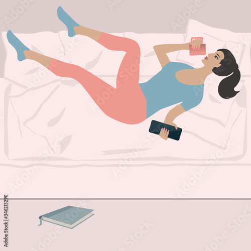 Girl lies in bed - smartphone, book - vector. Quarantine. Mental health