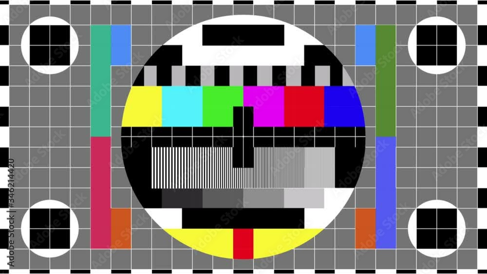 TV colour bars test card screen. SMPTE Television Color Test Calibration Bars. Test card. SMPTE color bars. Graphic for footage video and 1Khz Sine Wave
