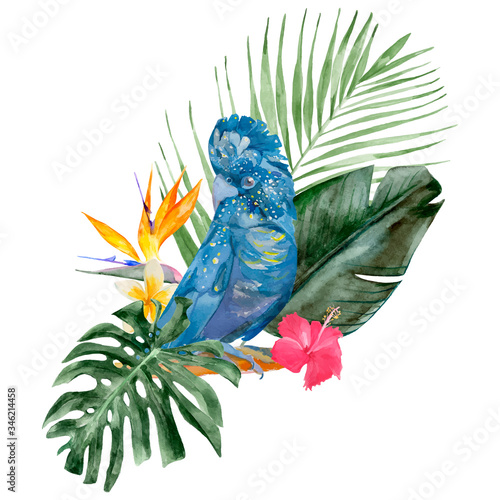 Watercolor portrait of parrot in the forest vector illustration. Exotic cockatoo bird with tropical leaves, red and paradise flowers. One wild black Kakadu with leaf. Nature travel in Australia.