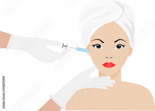 Filler/botox Injection.Doctor hands wearing hygiene gloves inject filler serum syringe to beautiful woman's  cheek.Idea for plastic surgery,cosmetology,professional skin treatment.Vector Illustration.