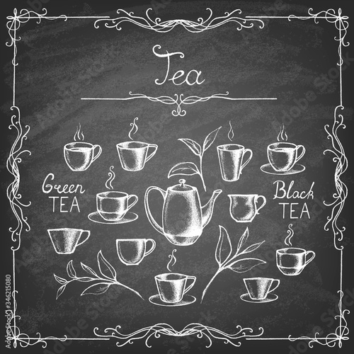 Set of tea collection with a tea cup in vintage style on chalkboard. Vector illustration.