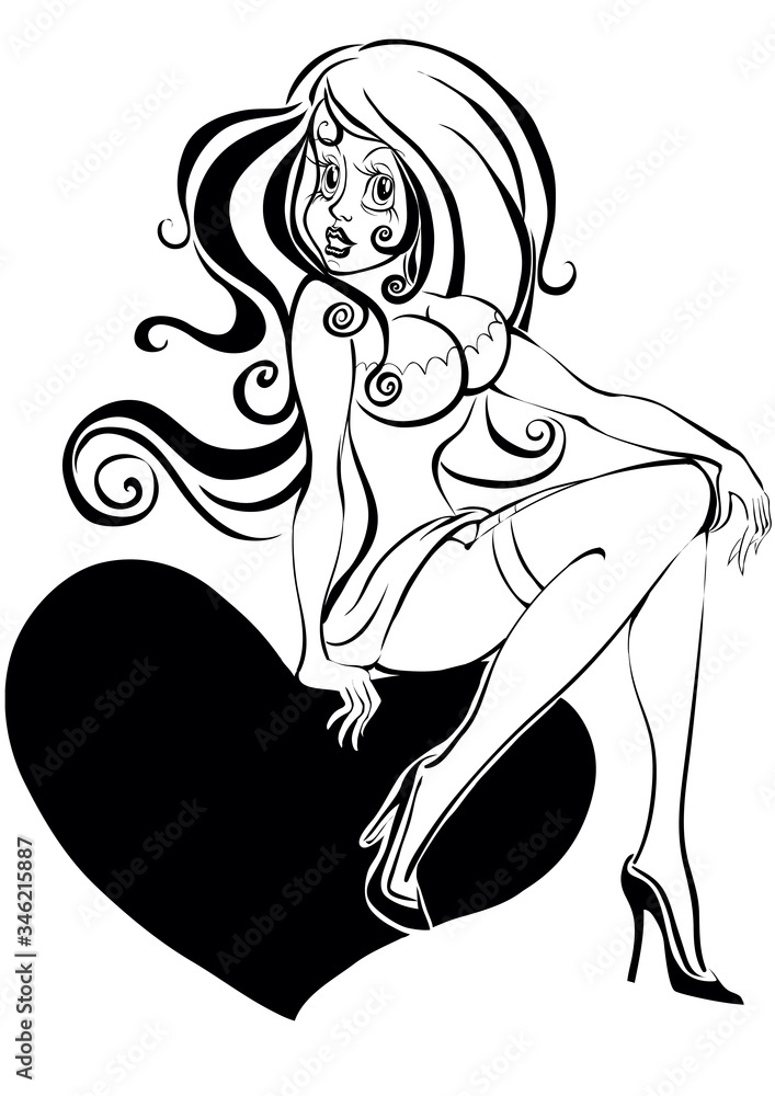 stylized drawing of a woman with long hair who is sitting on a heart, drawing in black, concept, isolated object on a white background, vector illustration, stylized drawing of a woman with long hair who is sitting on a heart, drawing in black, concept, isolated object on a white background, vector illustration,